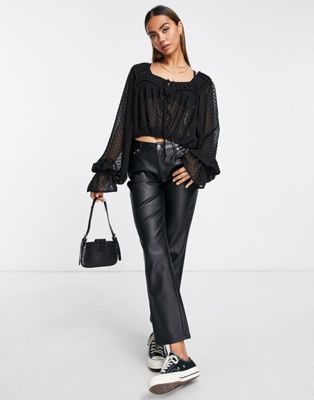 ASOS DESIGN dobby blouse with volume sleeve & tie front in black