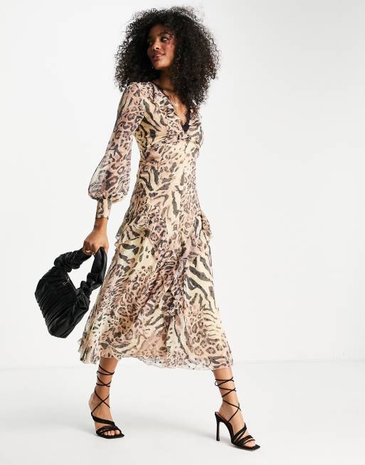 ASOS DESIGN dobby button through long sleeve lace trim midi tea dress in animal print ASOS