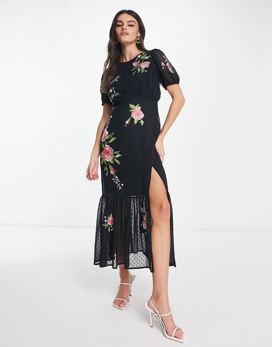 ASOS DESIGN dobby chiffon puff sleeve midi tea dress with floral embroidery in black