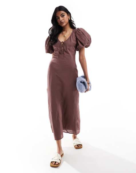 ASOS DESIGN dobby cotton midi dress with keyhole & puffed sleeve in chocolate brown - view 1