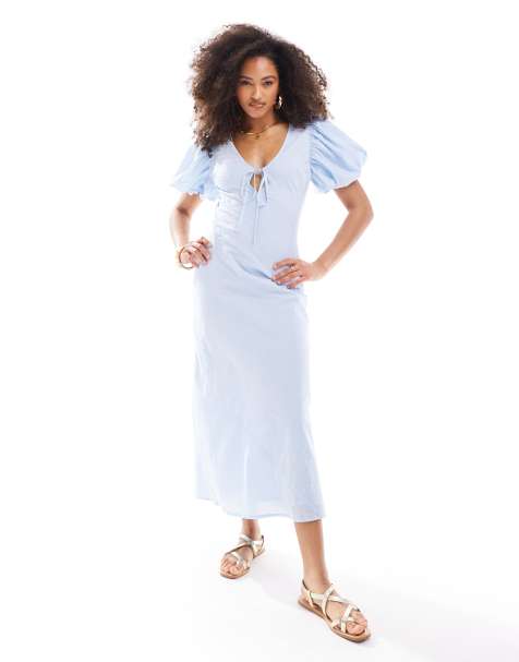 ASOS DESIGN dobby cotton midi dress with keyhole & puffed sleeve in pastel blue - view 1