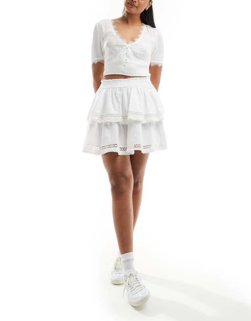 ASOS DESIGN dobby cotton shirred waist lace insert rara skirt in white, 2 of 5