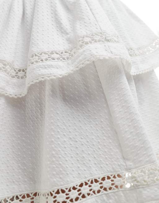 ASOS DESIGN dobby cotton shirred waist lace insert rara skirt in white, 4 of 5