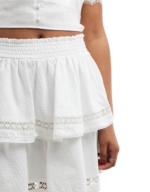 ASOS DESIGN dobby cotton shirred waist lace insert rara skirt in white, 5 of 5