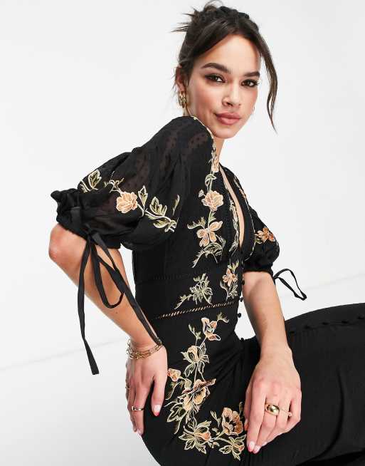ASOS DESIGN dobby floral embroidered midi tea dress with tie detail