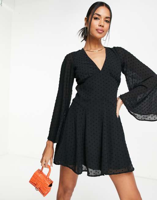 ASOS DESIGN dobby godet skater mini dress in black | ASOS