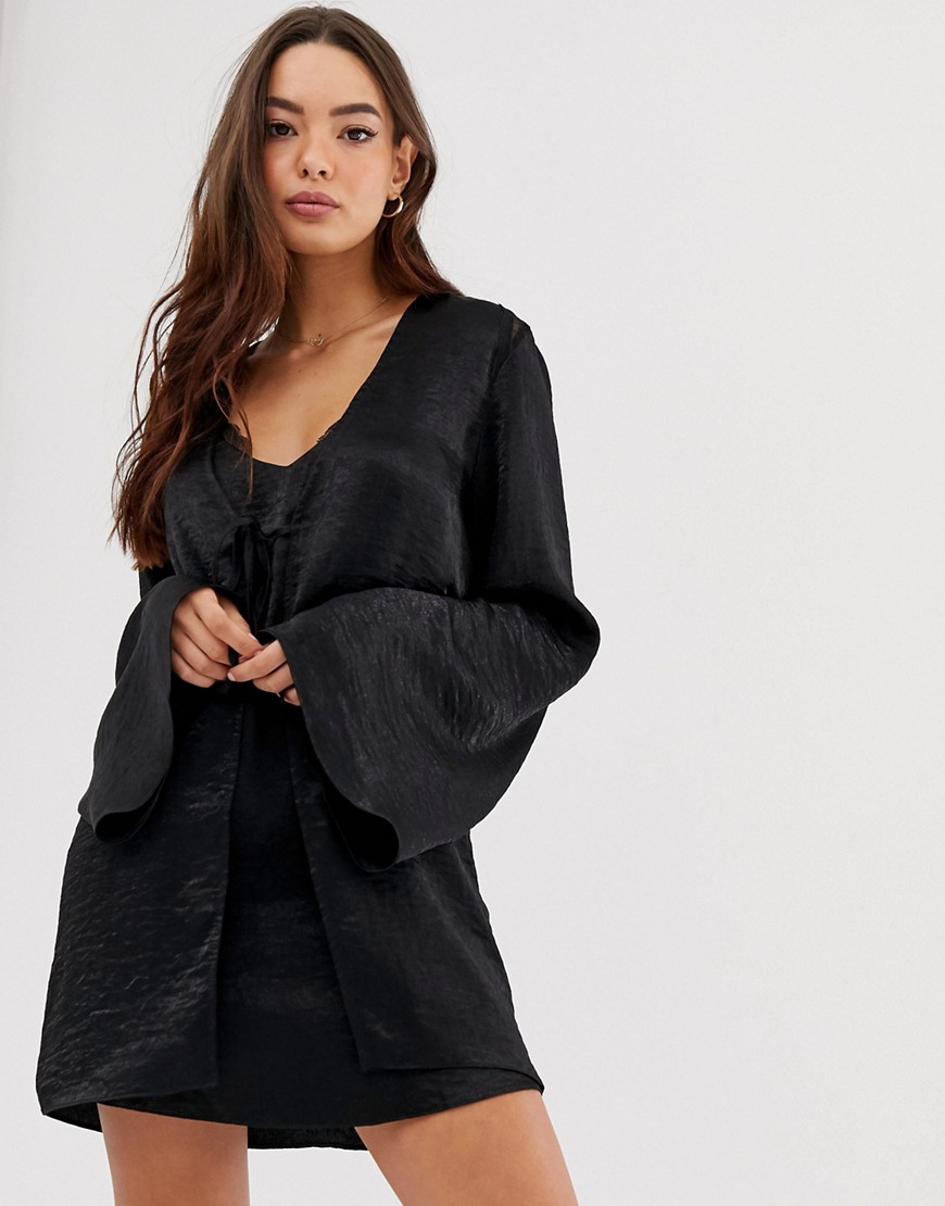 ASOS DESIGN dobby lace trim robe-Black