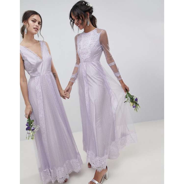 ASOS DESIGN Dobby Mesh And Lace Mix Long Sleeve Maxi Dress