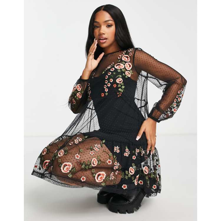 ASOS DESIGN dobby mesh embroidered mini dress with long sleeves in black |  ASOS