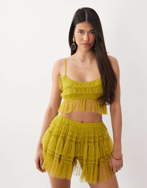 ASOS DESIGN dobby mesh semi sheer ruffle cropped cami top in lime, 2 of 4