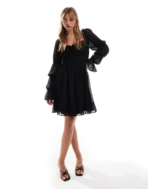 ASOS DESIGN dobby milkmaid long sleeve sleeve shirred waist mini dress in black ASOS