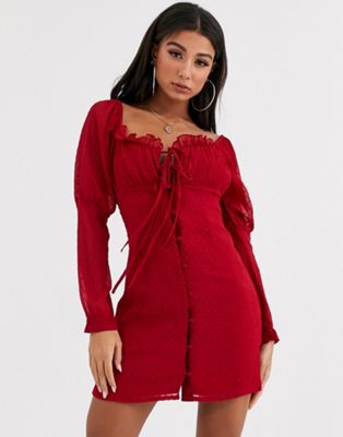 ASOS DESIGN - Dobby mini-jurk met knopen-Rood