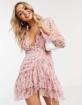 asos design pleated midi dress with fluted sleeve in floral print