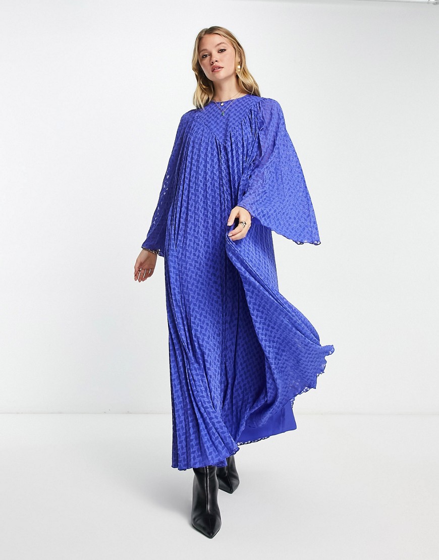 ASOS DESIGN dobby pleated midi dress with pleated long sleeves and V detail in purple