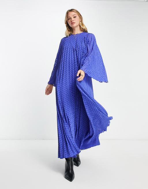 ASOS DESIGN dobby pleated midi dress with pleated long sleeves and V detail in purple