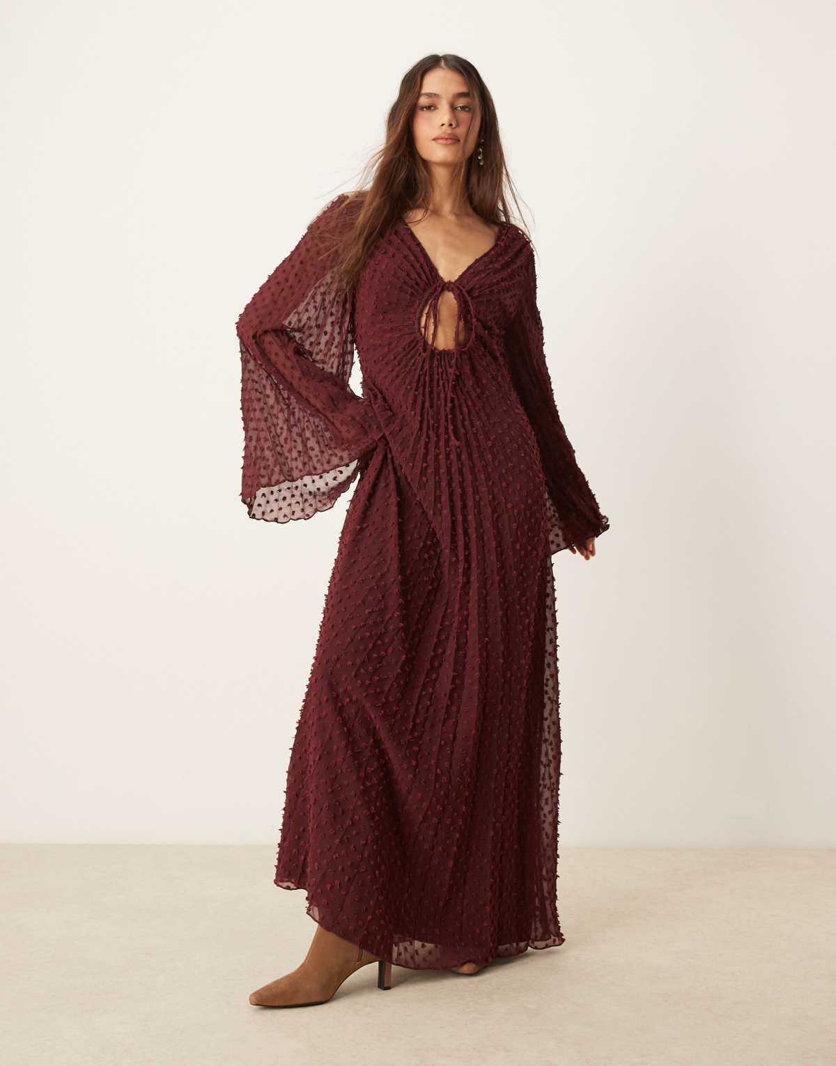 ASOS DESIGN dobby pleated midi dress with tie front in burgundy