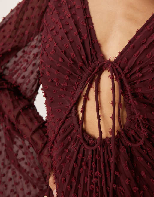 ASOS DESIGN textured pleated midi dress with tie front in burgundy