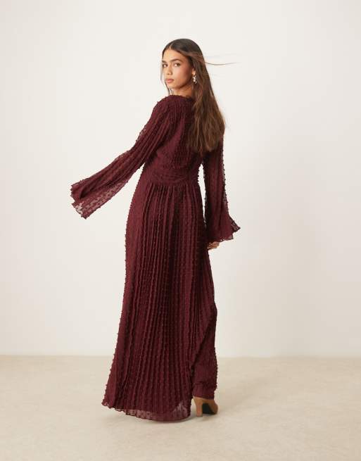 ASOS DESIGN textured pleated midi dress with tie front in burgundy