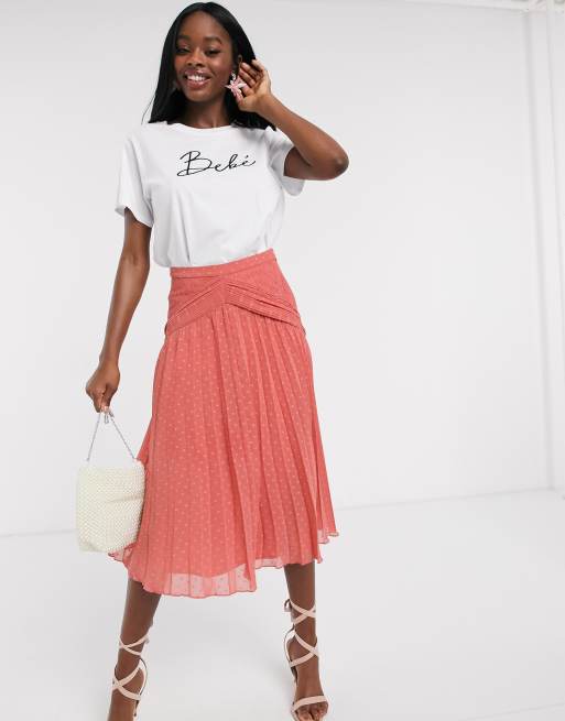 ASOS DESIGN dobby pleated midi skirt with lace inserts in blush | ASOS