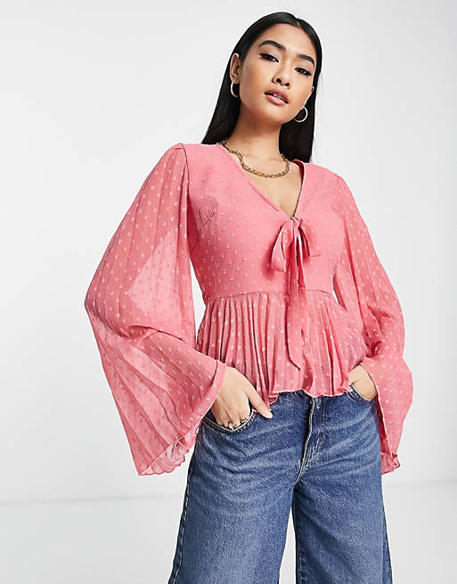 Women Shirts & Blouses/dobby pleated peplum top with tie detail and long sleeve in dusty rose 