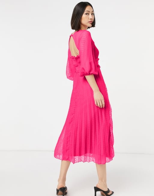 ASOS DESIGN dobby pleated shirred midi dress in hot pink