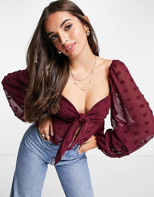 Tops Shirts & Blouses/dobby sheer volume sleeve blouse with tie front detail in oxblood 