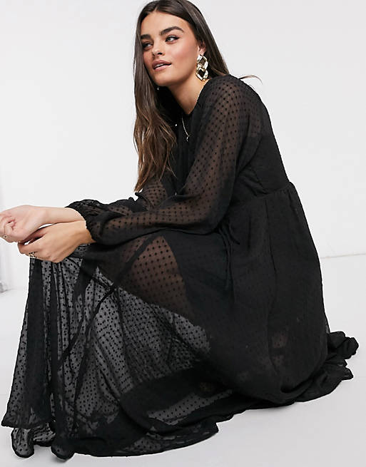 Women dobby trapeze midi dress with bubble sleeves in black 