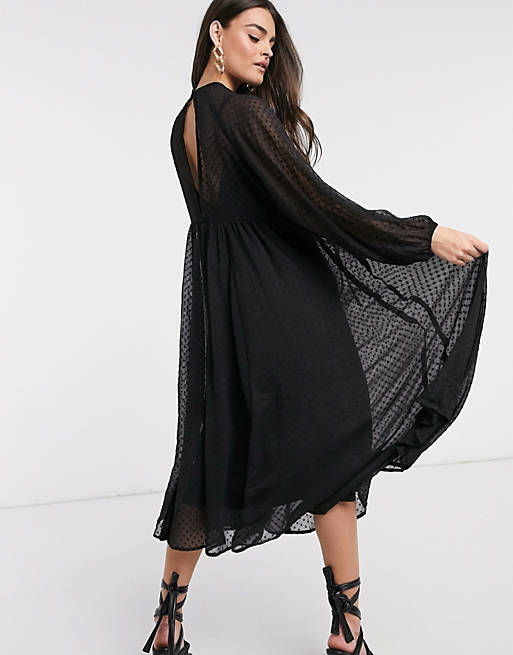 Women dobby trapeze midi dress with bubble sleeves in black 