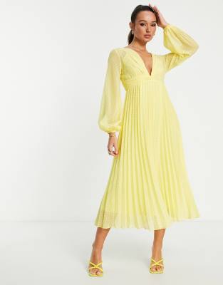 ASOS DESIGN dobby twist front pleated midi dress in yellow ASOS