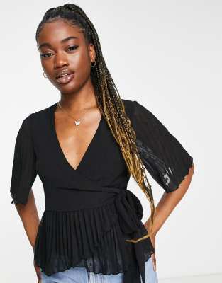 ASOS DESIGN dobby wrap short sleeve blouse with pleated peplum hem black