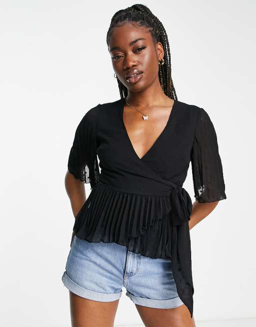 ASOS DESIGN dobby wrap short sleeve blouse with pleated peplum hem black