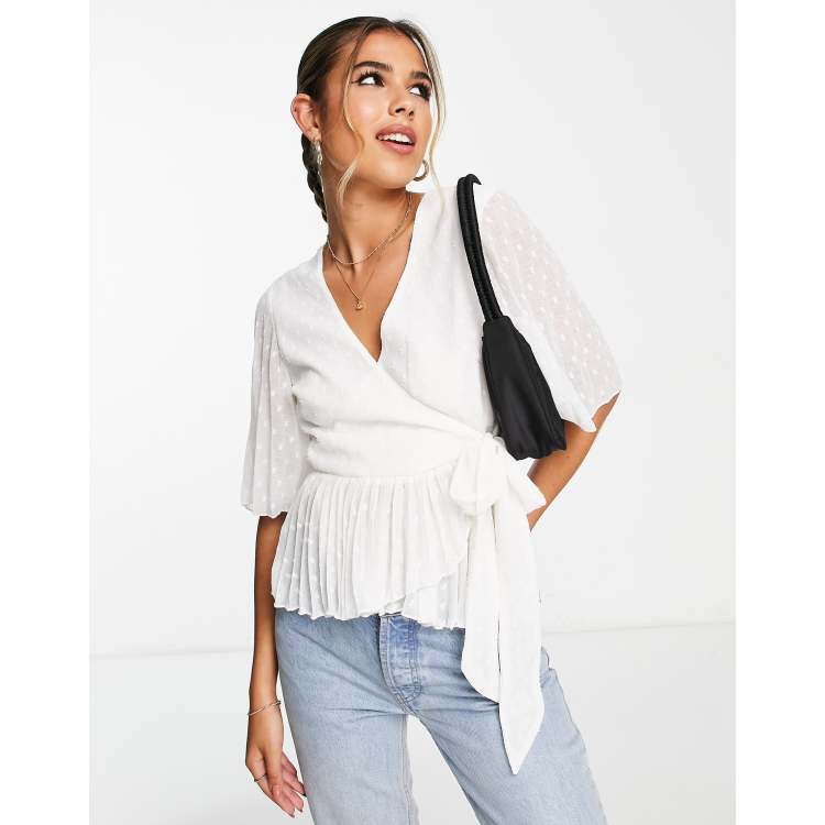 ASOS DESIGN dobby wrap short sleeve blouse with pleated peplum hem in ivory