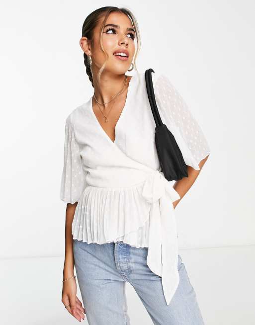 ASOS DESIGN dobby wrap short sleeve blouse with pleated peplum hem in ivory