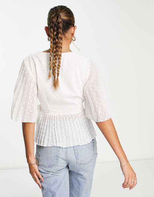 ASOS DESIGN dobby wrap short sleeve blouse with pleated peplum hem in ivory