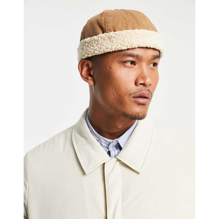 ASOS DESIGN docker hat in brown cord and borg