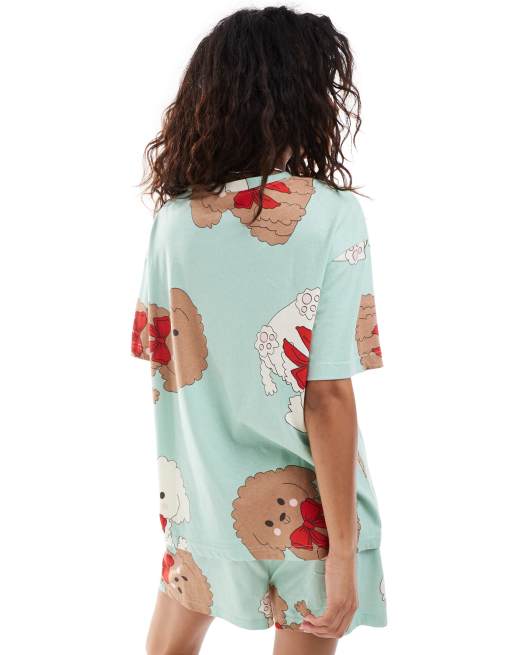 ASOS DESIGN  dog and bow oversized tee & short pyjama set in green