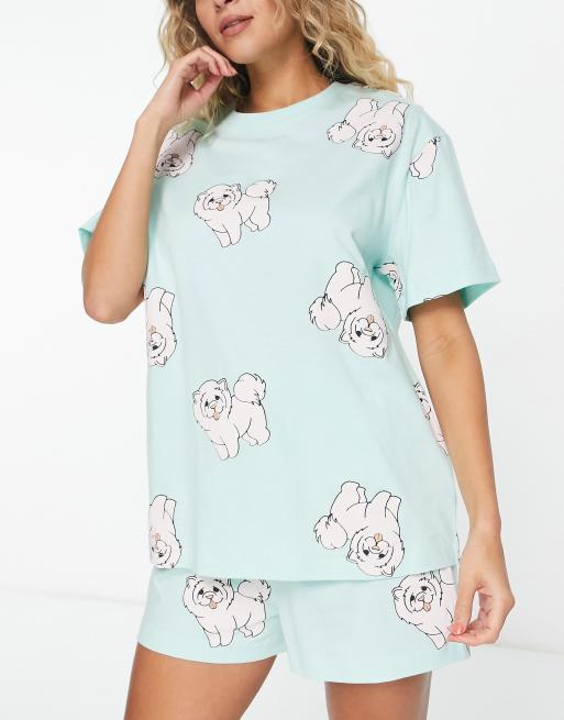ASOS DESIGN dog oversized tee & shorts pyjama set in mint