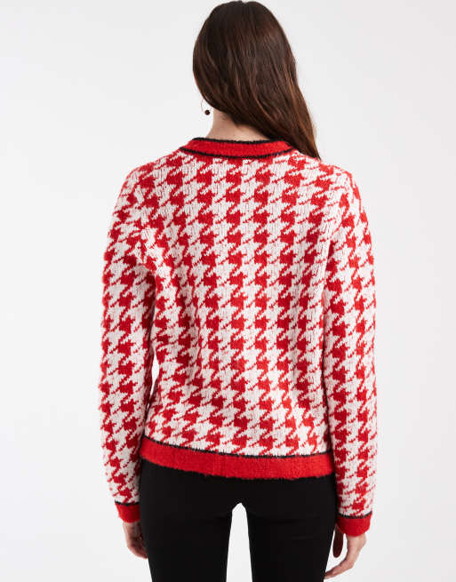 ASOS DESIGN dogtooth cardigan with gold buttons in red, 4 of 4