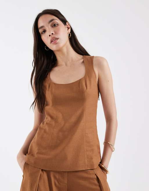 ASOS DESIGN - Dolce Vita - Karamelbrun skræddersyet twill-top i hørblanding , 3 af 4