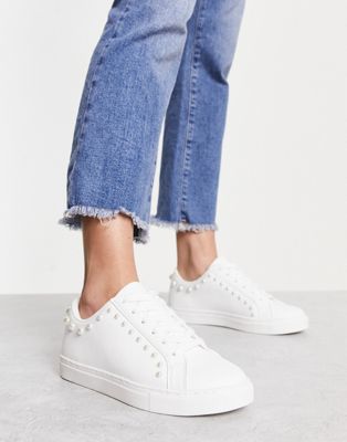 ASOS DESIGN Dollar faux pearl lace up sneakers in white | ASOS