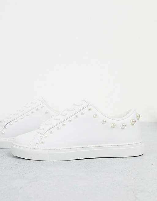 LADIES WHITE BLACK FAUX LEATHER LOW TOP TRAINERS SNEAKERS LACE UP PEARL PUMPS 
