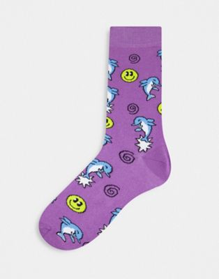ASOS DESIGN dolphin and smiley doodle crew socks