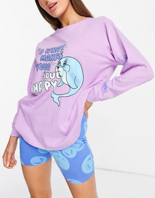 ASOS DESIGN dolphin graphic long sleeve tee & legging short pyjama set in lilac & blue