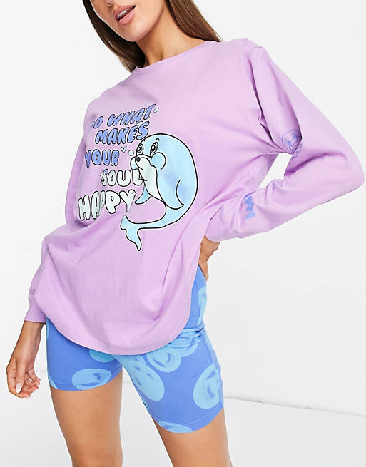 Lingerie & Nightwear dolphin graphic long sleeve tee & legging short pyjama set in lilac & blue 