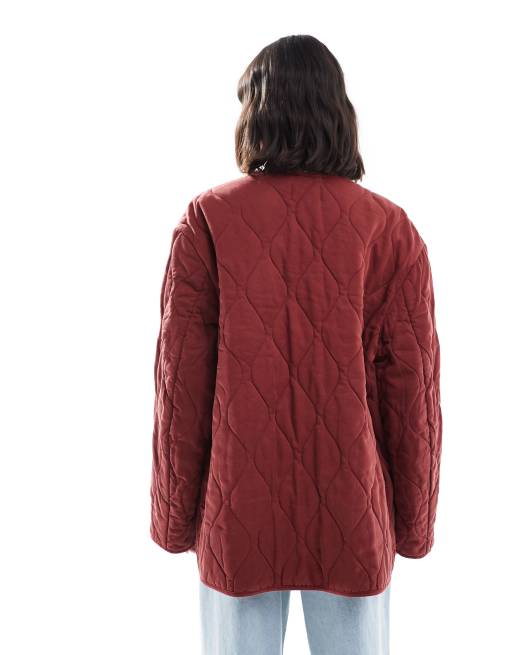 ASOS DESIGN dolphin hem collarless quilted jacket in dark red