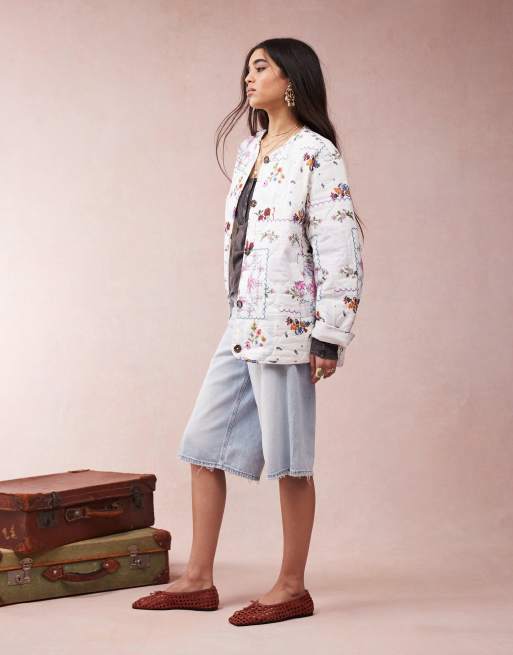 ASOS DESIGN dolphin hem collarless quilted jacket in handkerchief print
