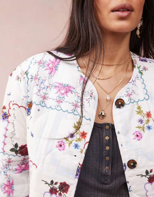 ASOS DESIGN dolphin hem collarless quilted jacket in handkerchief print