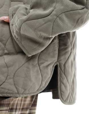 Asos Design Dolphin Hem Collarless Quilted Jacket In Green