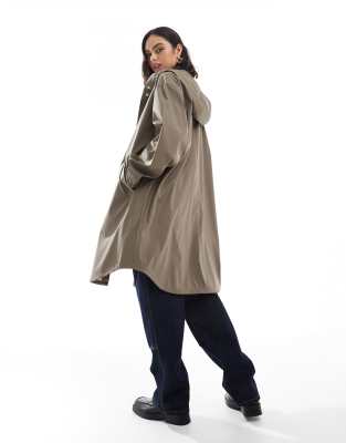Asos Design Dolphin Hem Rubberized Rain Parka Coat In Brown