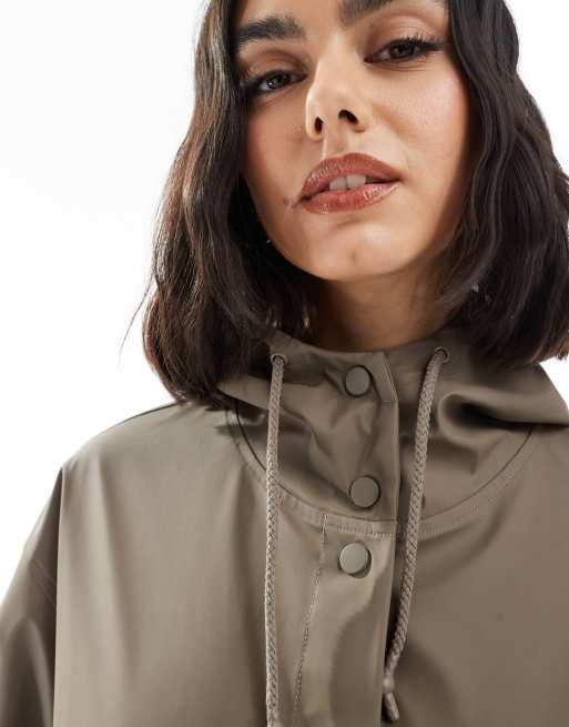 ASOS DESIGN dolphin hem rubberized rain parka coat in mushroom